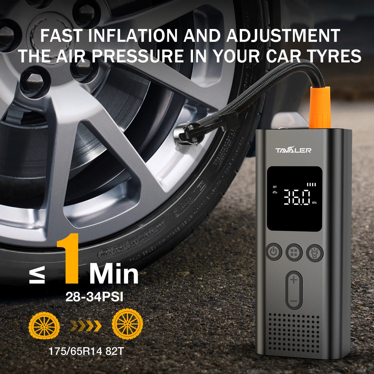 A portable digital tire inflator device is shown next to a car wheel, demonstrating fast inflation and adjustment capabilitie