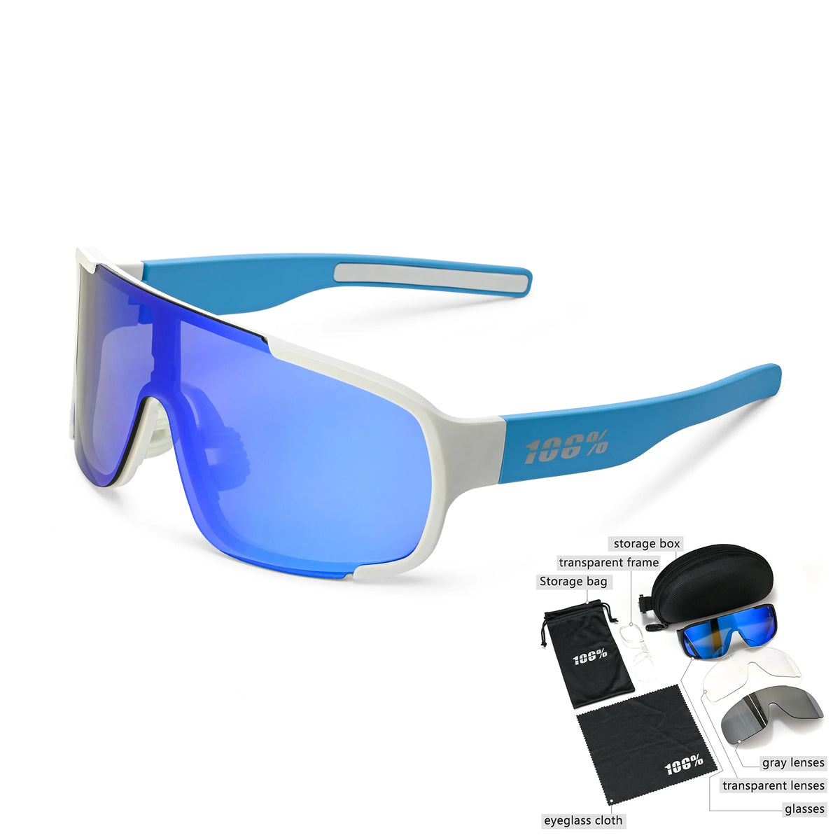 A pair of blue and white sports goggles with a transparent frame and storage bag accessories.
