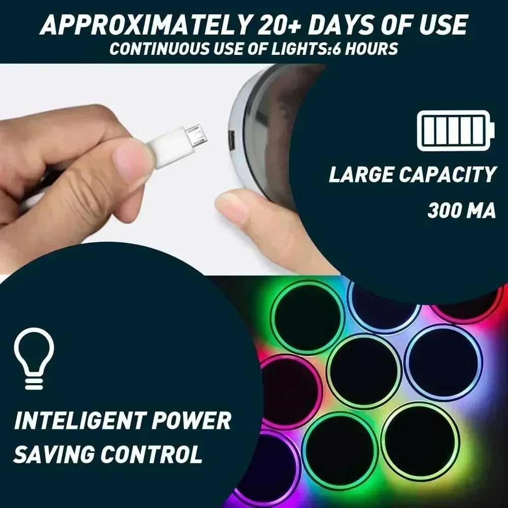 A hand holds an LED car cup holder coaster, demonstrating its use for approximately 20 days of continuous light usage.