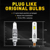 Diagram showing a plug-like LED bulb compared to a halogen bulb, illustrating the same beam position and fit for vehicles.