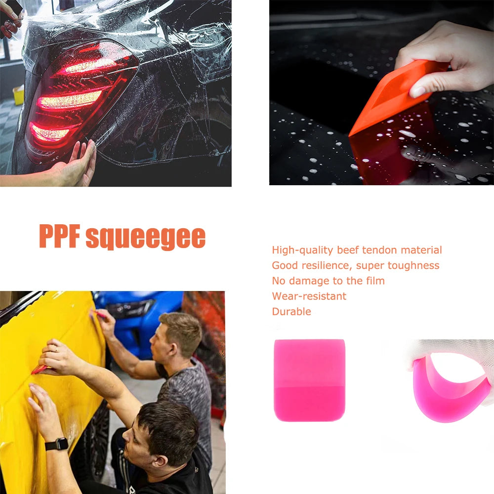 A hand using an orange PPF squeegee to apply a film onto a car window.