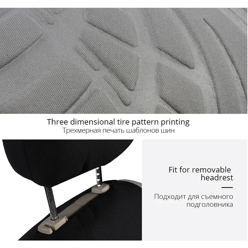 Close-up of a tire pattern print on a seat cover and an adjustable headrest support for a car seat.