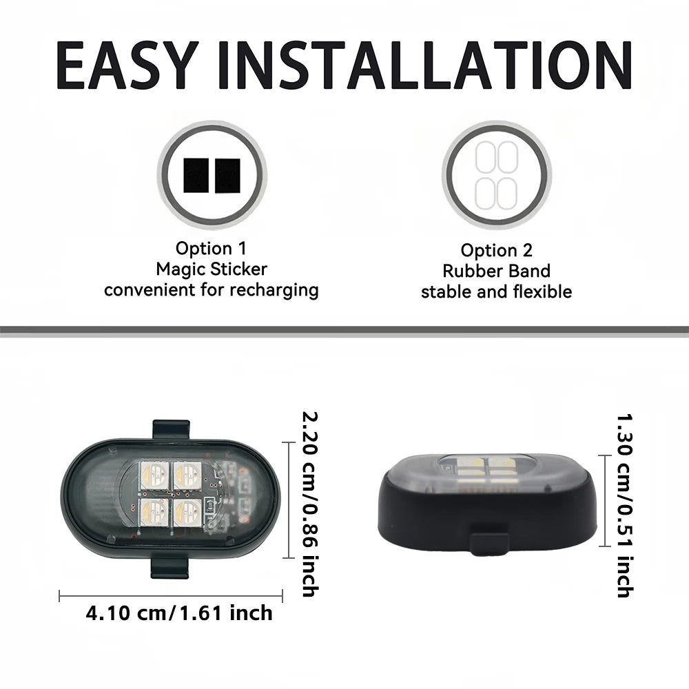 Wireless RGB car LED lights shown with installation options and product dimensions.