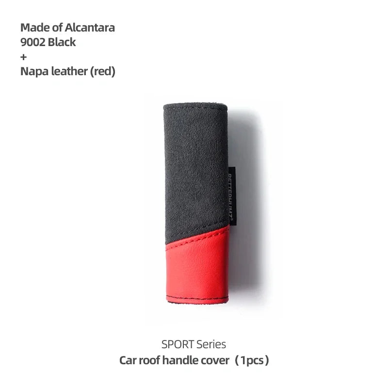 A black and red Alcantara car roof handle cover for the SPORT Series.