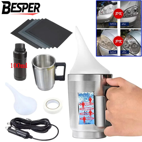 A professional car headlight restoration kit showing various tools including a black film, a metal cup, a white lens, and a s