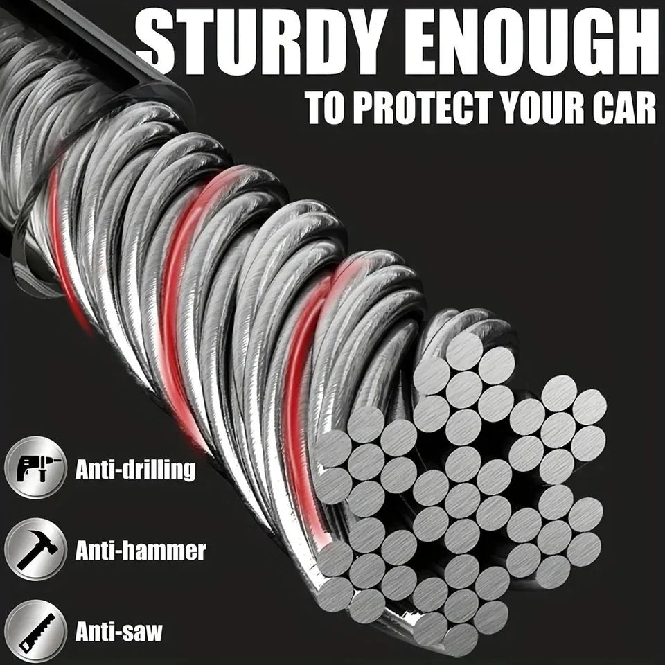 Close-up of a sturdy coil anti-theft steering wheel lock with anti-drilling, anti-hammer, and anti-saw features.
