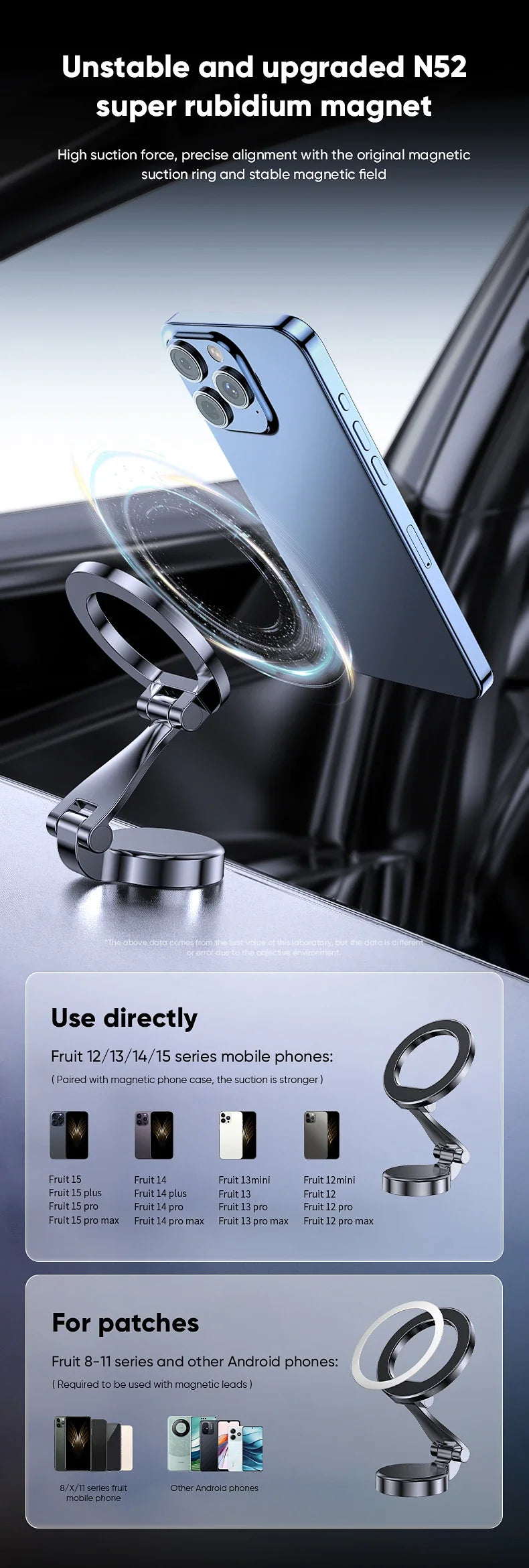 A smartphone is mounted on a magnetic suction ring for a car, demonstrating a stable magnetic field.