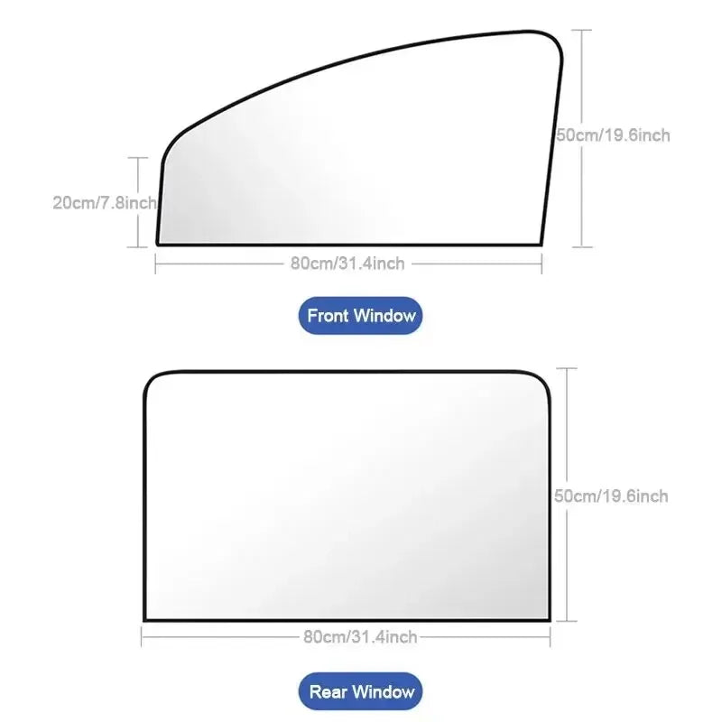 Diagram showing the dimensions of a front and rear window for magnetic car side window sun shades.