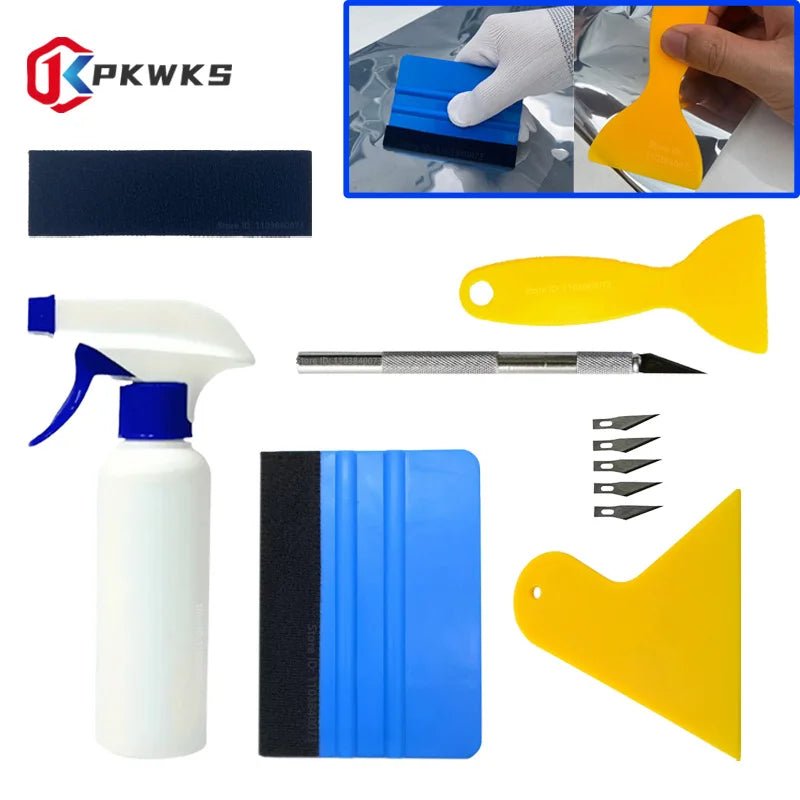 A kit of professional window tint installation tools including various colored plastic and metal tools.