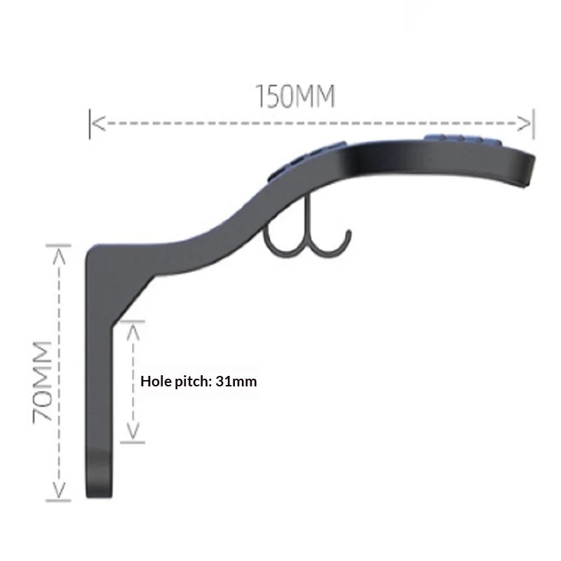 A black wall mount hook with a 150mm span and a 70mm height, featuring a 31mm hole pitch.