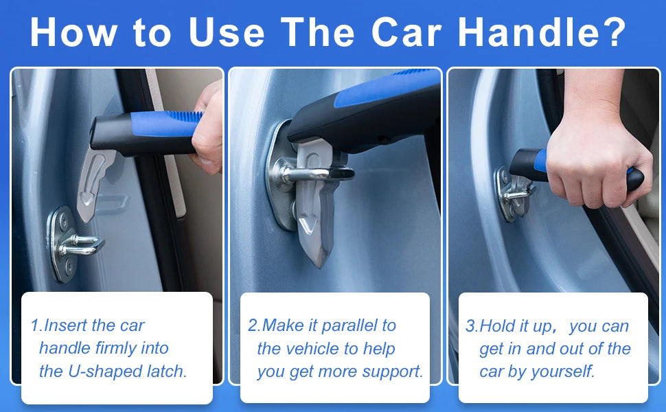 Instructions showing how to use a car handle to assist with opening and closing a vehicle door.