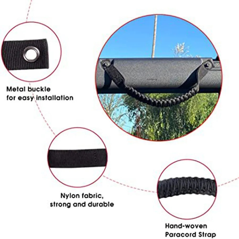 Close-up view of a black nylon paracord strap and a metal buckle used for easy installation on grab handles.