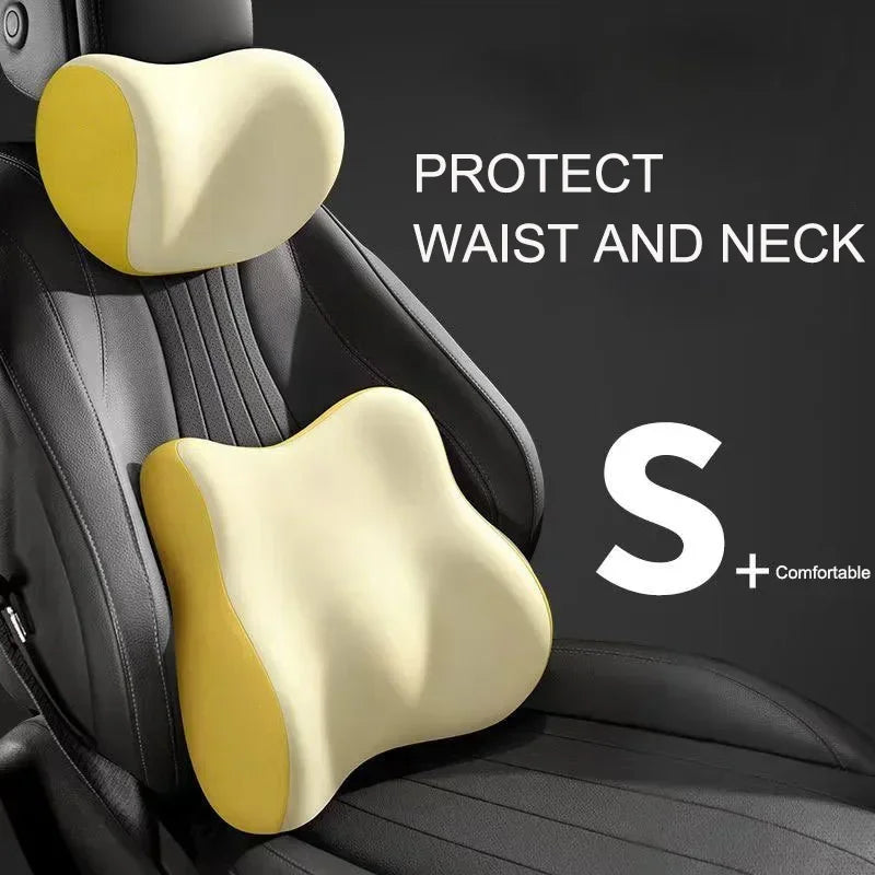 Yellow memory foam support pillow for the waist and neck area of a car seat.