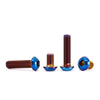 A set of titanium blue button head hex bolts for motorcycles, featuring a threaded shaft and hexagonal head.