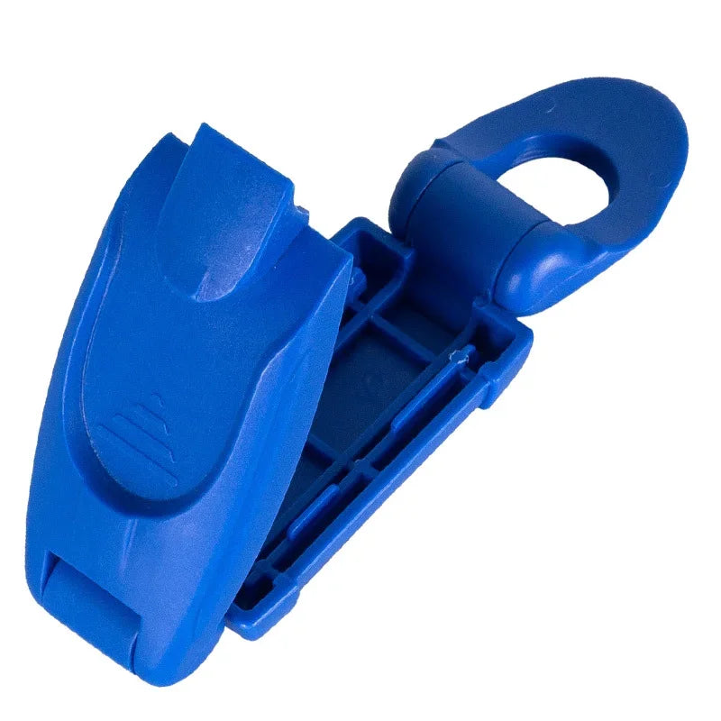 A bright blue comfort-adjustable seat belt clip with a hinged design.