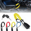 Set of universal car steering wheel anti-theft locks in black, red, and yellow colors with a black connector.