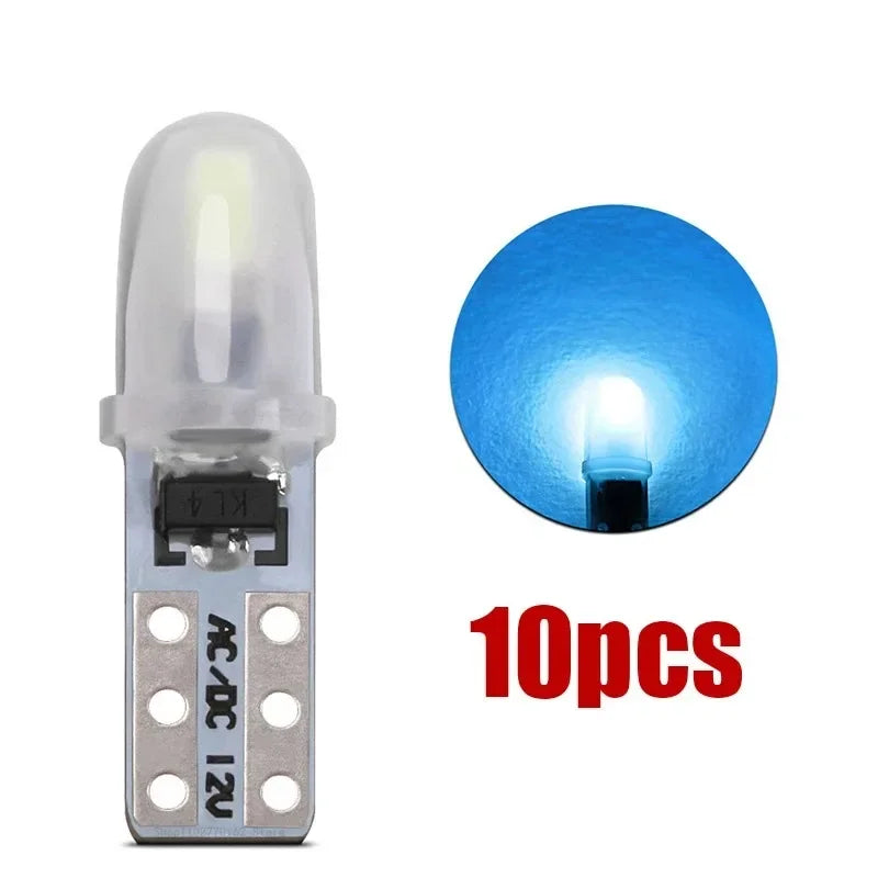 A set of 10 T5 LED dashboard and license plate bulbs, showing a single bulb and the complete set.
