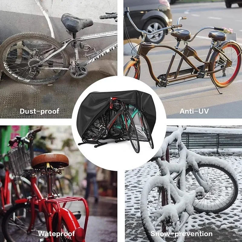 A heavy duty waterproof bicycle cover shown in various contexts including on a bike, against the elements, and protecting a b