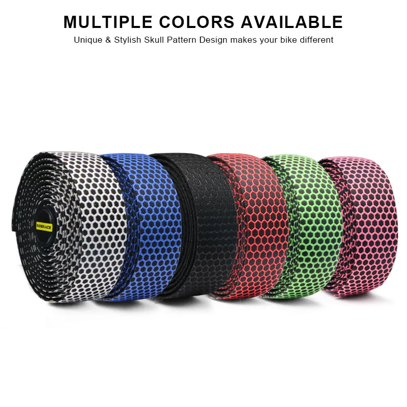 A variety of colorful breathable silica gel handlebar tape rolls displayed side by side.
