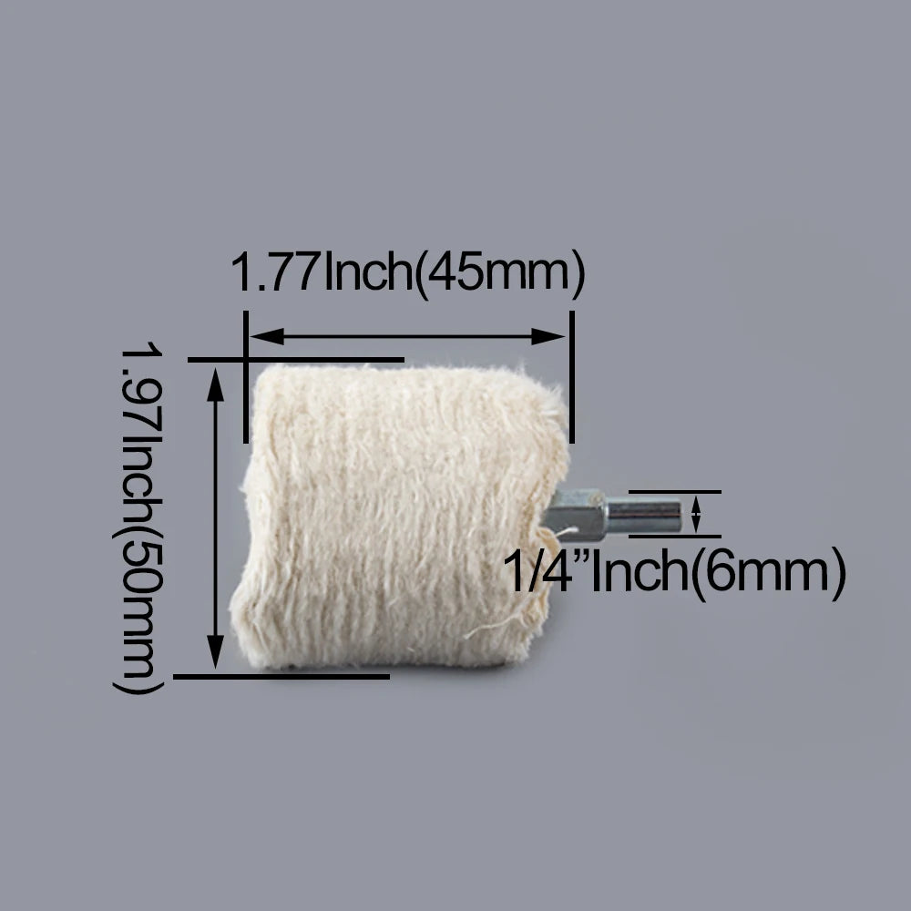 A light beige 1.77 inch polishing wheel with a 6mm shank is shown against a gray background.