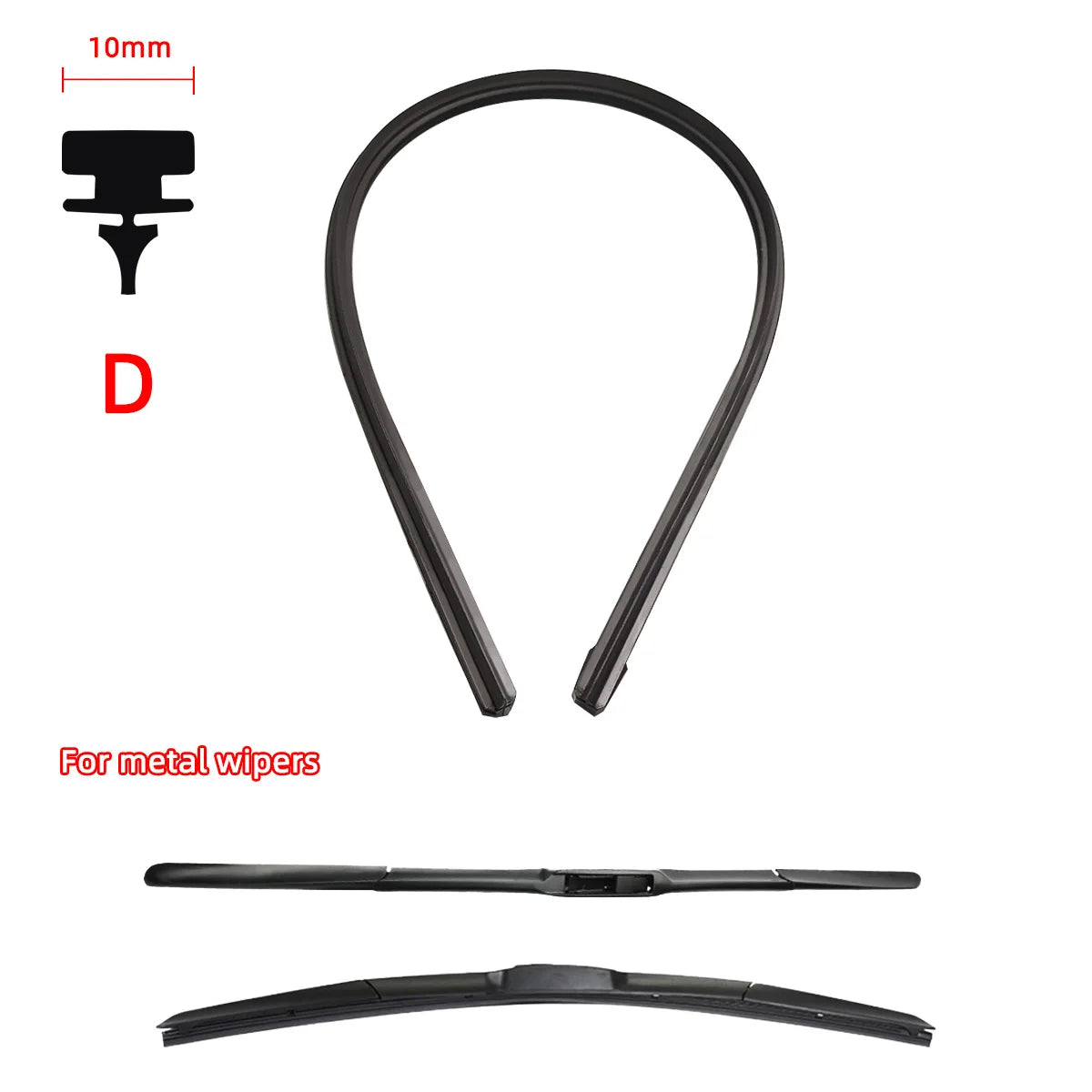 A set of black wiper blade refill rubber strips and a replacement wiper blade.