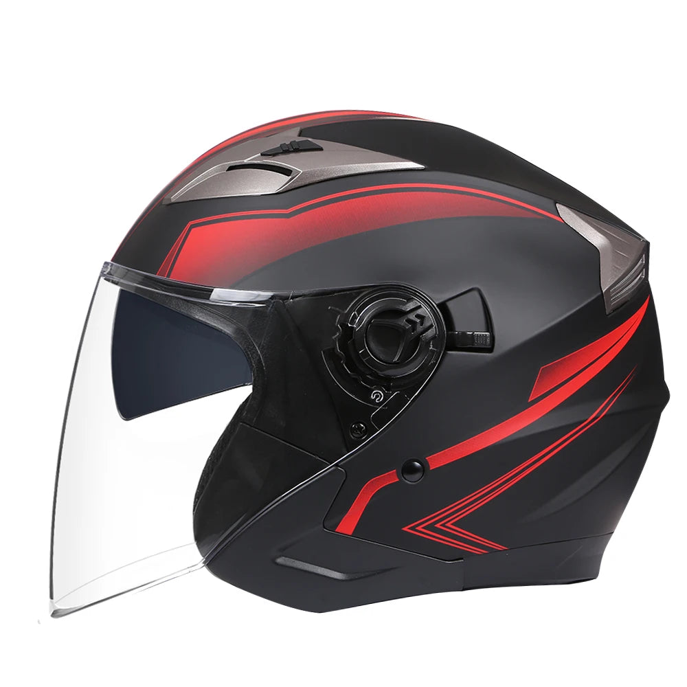A black and red DOT approved motorcycle helmet shown from the front view.