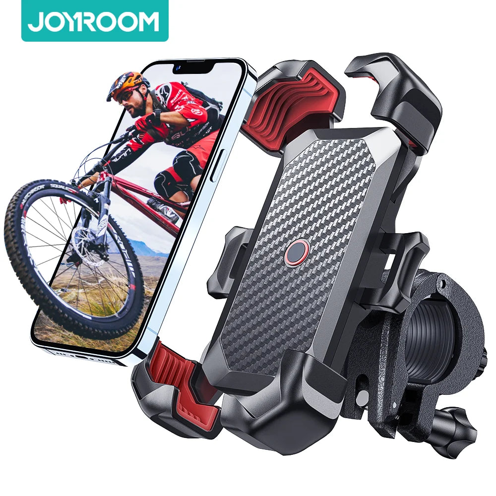 A black universal bike phone mount is shown next to a smartphone displaying a mountain biker.