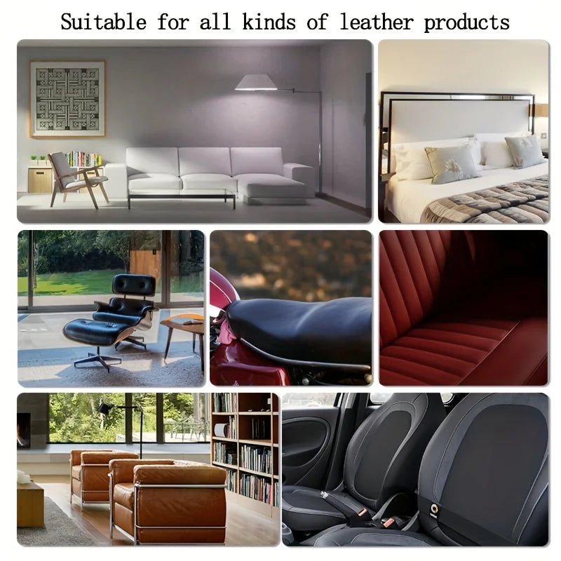 Various leather products are shown alongside heavy duty self-adhesive PU leather repair patches.