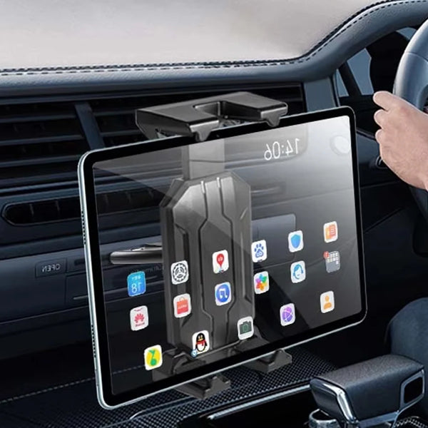 A universal car mount tablet and phone holder is installed in a car dashboard, displaying various app icons.