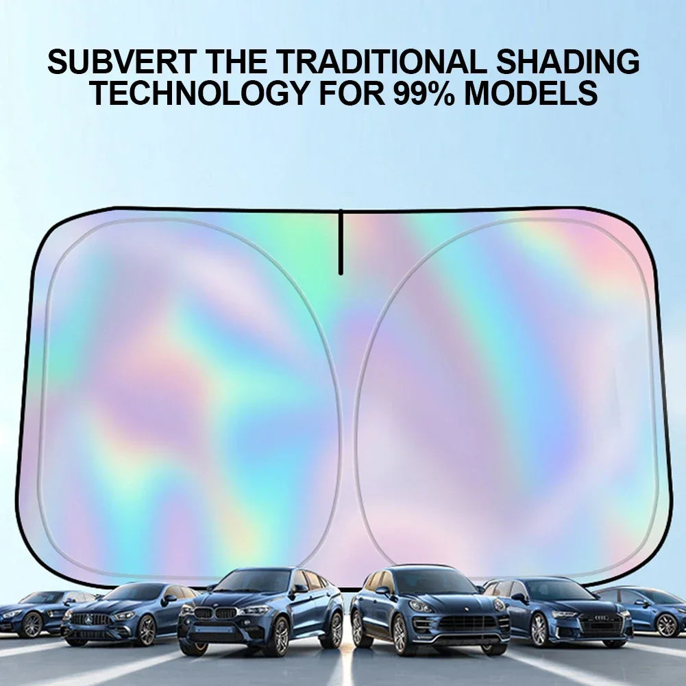 A car windshield is shown with a UV reflective sun shade installed, demonstrating its ability to subvert traditional shading 