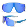 A pair of bright blue sports goggles with white frames shown from the front.