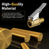 A silver air hose connector made of durable solid brass is shown next to a brass fitting.