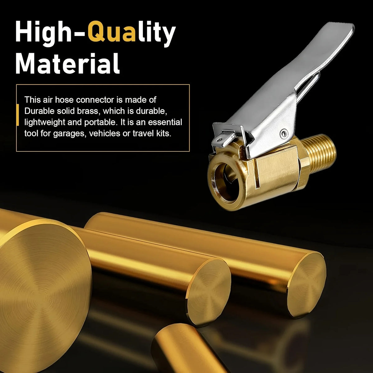 A silver air hose connector made of durable solid brass is shown next to a brass fitting.