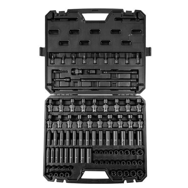 A black professional 90-piece impact socket set for automotive repair, shown in its open case.