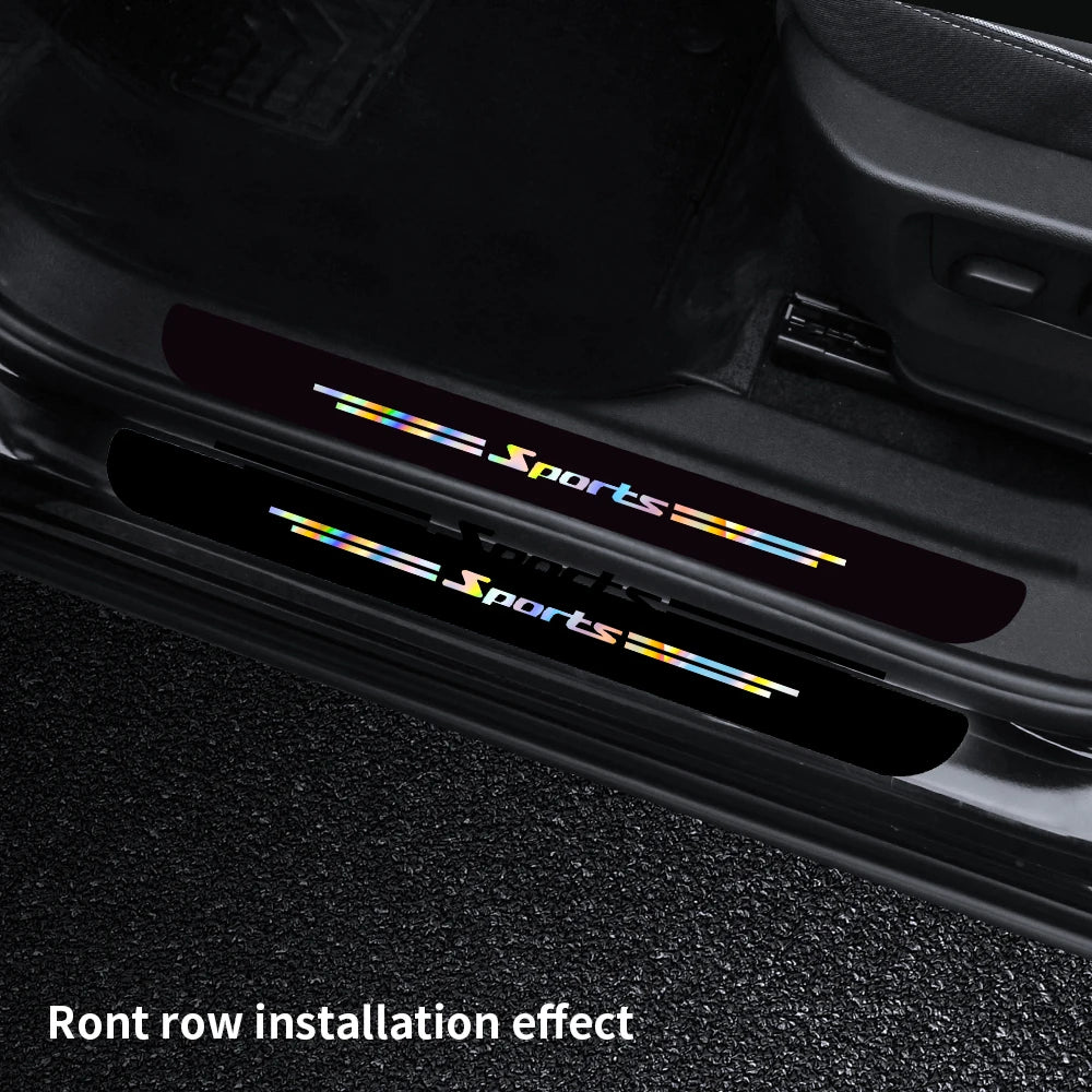 Close-up of a car door showing a Sport vinyl decal installation effect on the sill.