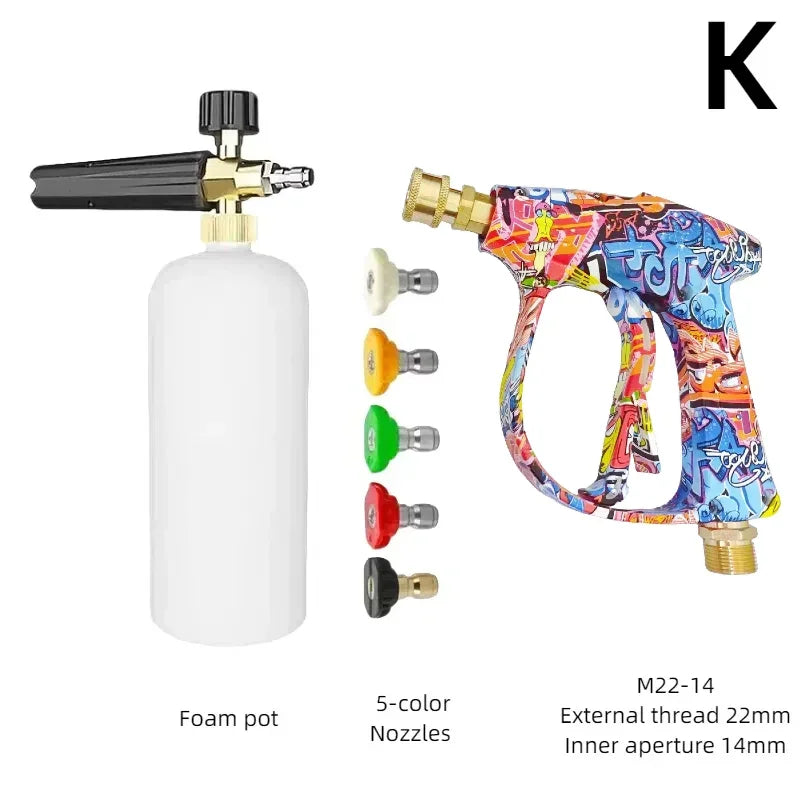 High-pressure foam water gun kit with a white bottle and five colored nozzles