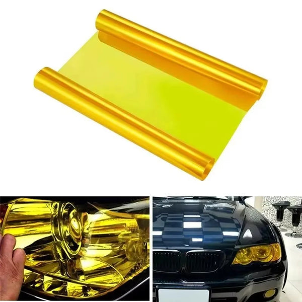 Golden yellow PVC film used to tint and stretch headlights and taillights on a car.