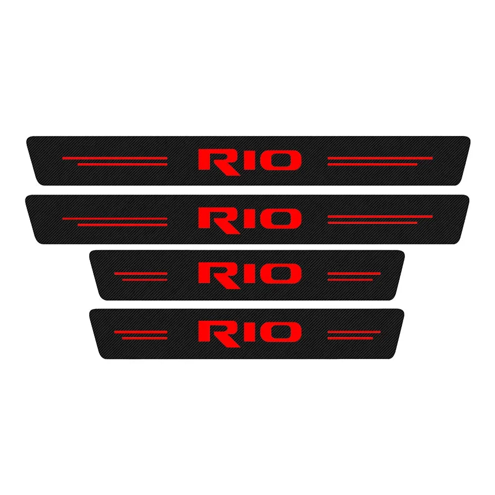 Three black carbon fiber decals with the text RIO on each, featuring red lines.