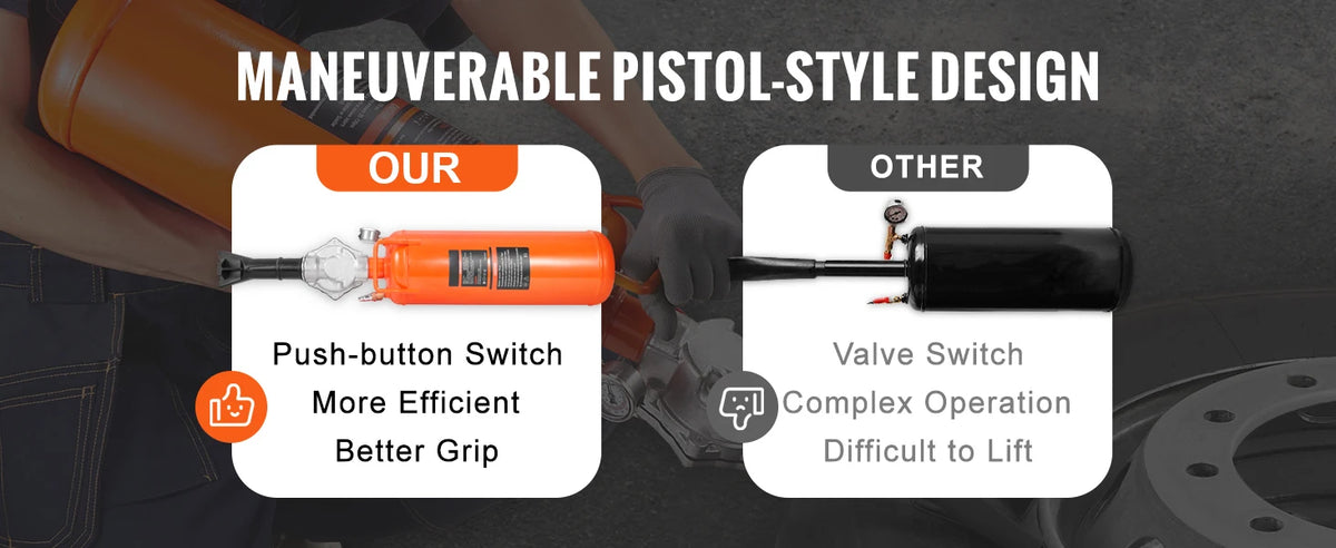 Handheld tire bead seater inflator showing a push-button switch design compared to a valve switch design.