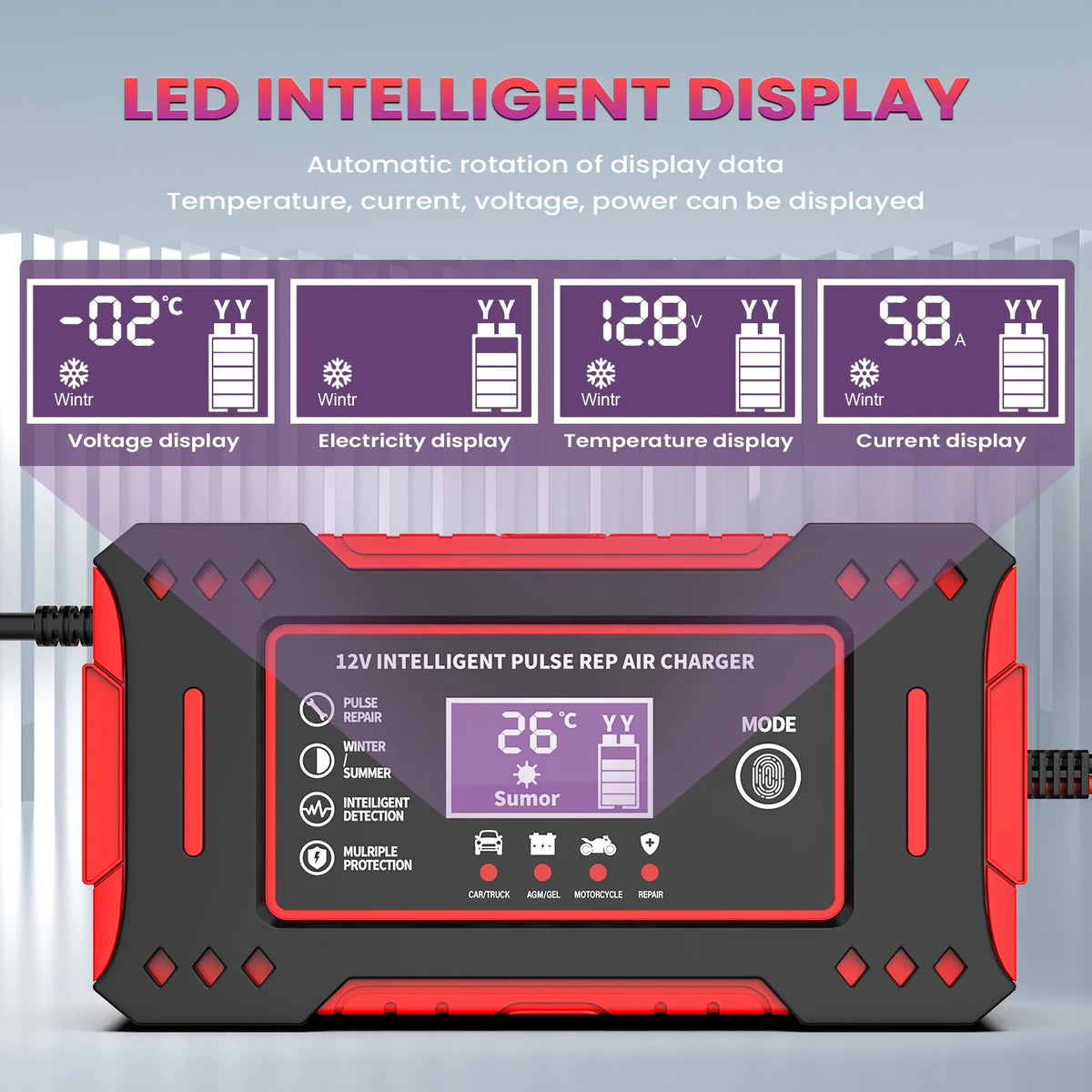LED-Intelligenter Display-Akku-Ladegerät mit digitaler Anzeige für Temperatur und Spannung.