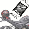 A black cargo net with hooks is shown attached to a motorcycle, designed for securing cargo.
