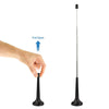 A hand is pulling open a high-gain FM/VHF radio antenna with an F-type connector.