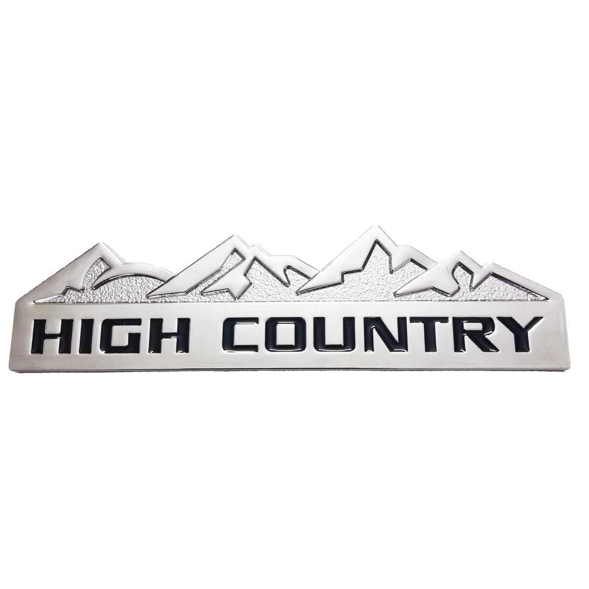 Silver metal decal featuring a mountain range silhouette and the text HIGH COUNTRY.