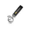 A black leather and metal keychain featuring a Chevrolet logo design.