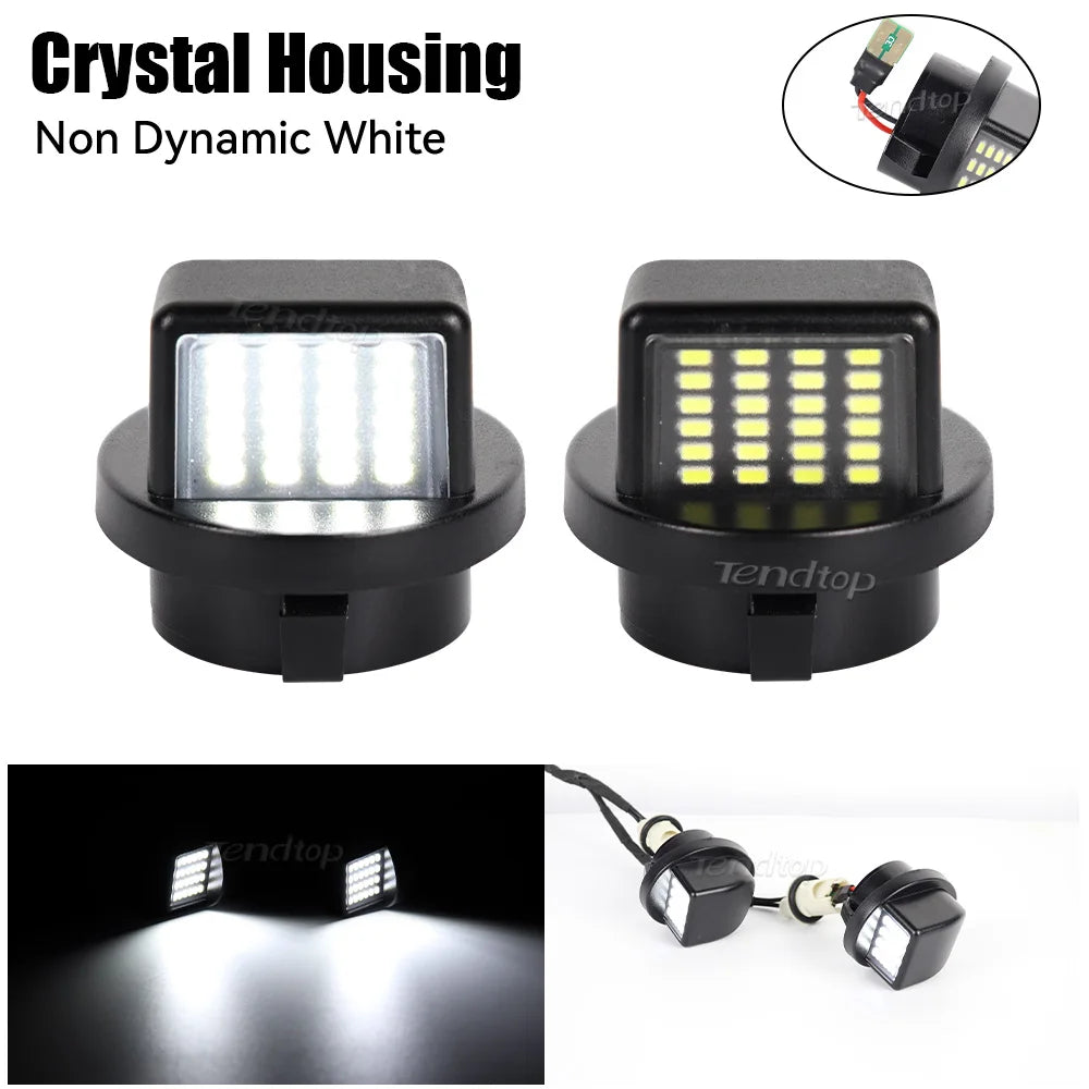 A pair of non-dynamic white crystal housing LED license plate lights shown in various angles.