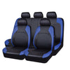 A set of black and blue full coverage PU leather car seat covers.