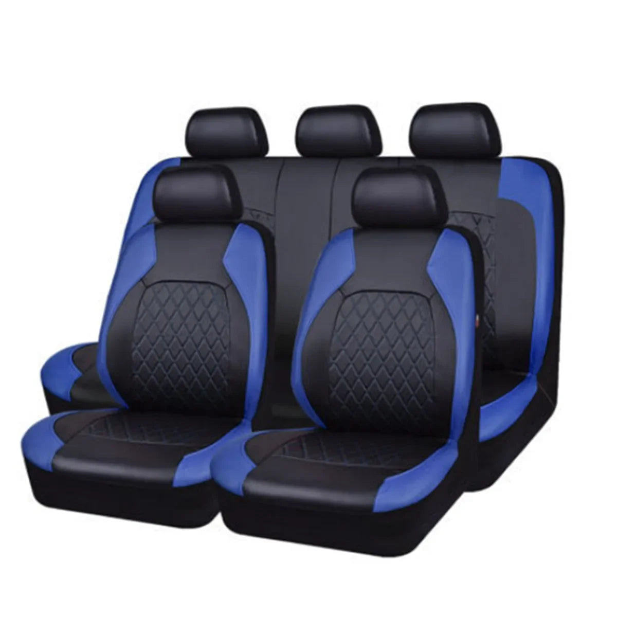 A set of black and blue full coverage PU leather car seat covers.