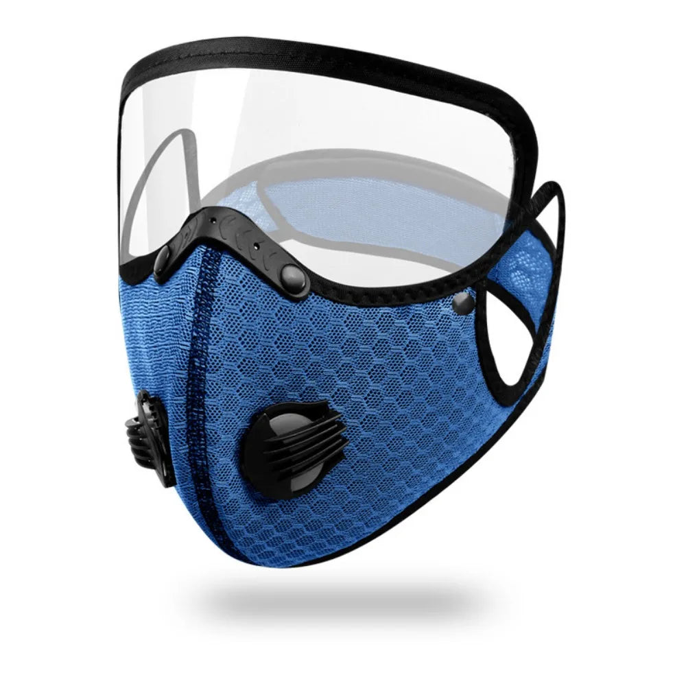 A blue mesh face mask with a clear visor and black elastic straps for cycling or outdoor use.