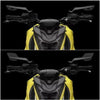 A close-up view of adjustable motorcycle side mirrors with black and yellow accents.