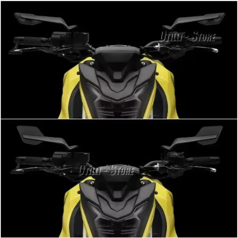 A close-up view of adjustable motorcycle side mirrors with black and yellow accents.